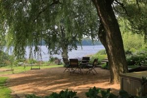 Urlaubsgartenpflege - Hängeweide über Sitzplatz mit Schaukel